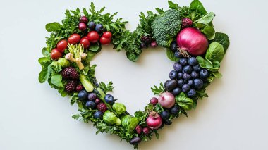 Beyaz arka planda kalp şeklinde taze sebzeler. Sağlıklı yemek. en üstteki görünüm.