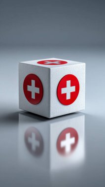 Beyaz zemin üzerinde 3 boyutlu kızıl haç, tıp konsepti