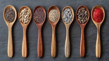 Tahta masada farklı baharatlı tahta kaşıklar.