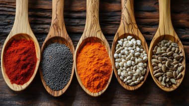 Ahşap bir arka planda çeşitli renkli baharatlar