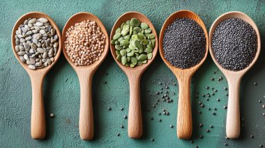 çeşitli baklagiller ve kaşıklar