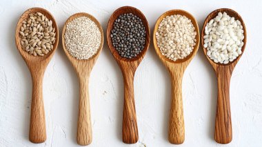 Tahta kaşıklarda çeşitli pirinç türleri.