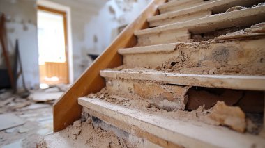 Kırık bir duvarı ve kırık zemini olan eski ahşap merdiven.