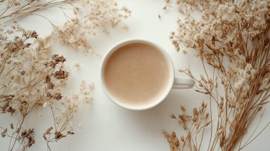 Kahve fincanı, kahve çekirdekleri, beyaz arka planda çiçekler, üst manzara, düz yatak. yüksek kaliteli fotoğraf