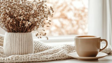 Konforlu ev tasarımı. Süveter ve eşarp örülmüş kahve fincanı. Sonbahar ruh hali konsepti