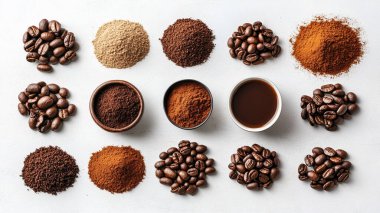 Kahve, kahve çekirdekleri, kahve tozu ve kahve çekirdekleri.