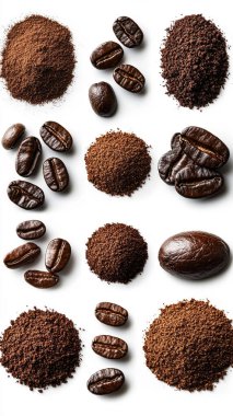 Beyaz arka planda kahve, fasulye ve kahve taneleri kolajı