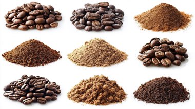 Beyaz arka planda izole edilmiş kahve ve tahıllar. düz yat