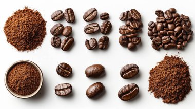 Beyaz arka planda kahve ve fasulye bileşimi