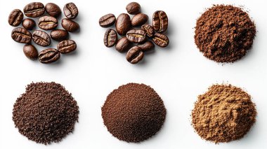 Beyaz arka planda izole edilmiş kavrulmuş kahve çekirdekleri ve tarçın çubukları koleksiyonu..