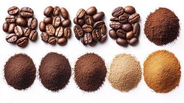 Beyaz arka planda izole kahve ve fasulye seti..