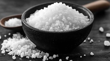 Tahta bir masada, tahta bir kaşıkta tuz ve biber..