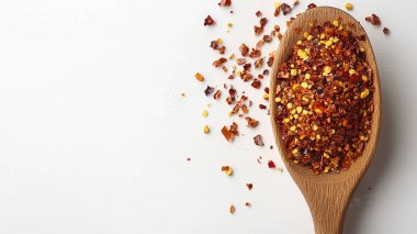 Kurutulmuş kırmızı biberli kaşık ve beyaz masada baharatlar. Metin için boşluk