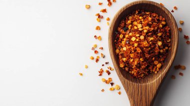 Fotokopi alanı olan beyaz arkaplanda kırmızı biber tozu, üst görünüm