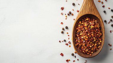 Kurutulmuş kırmızı biberli ahşap kase, sarımsak, baharatlar ve kuru yapraklar, üst manzara.