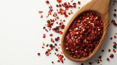 Tahta kaşıkta kırmızı biber ve beyaz masada baharatlar, metin için boşluk.