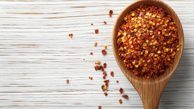 Beyaz ahşap arka planda kurutulmuş biberli kırmızı biber tozu. en üstteki görünüm