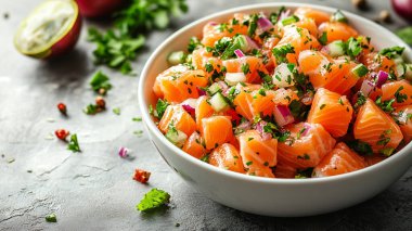 Avokado, kırmızı balık ve soğanlı somon salatası. Sağlıklı yemek. en üstteki görünüm.