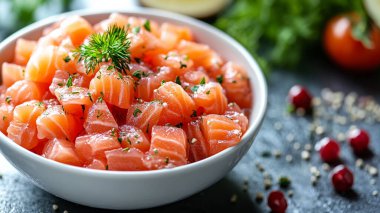 Baharatlı taze çiğ somon filetosu.