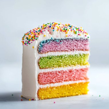 beyaz tabakta gökkuşağı pastası.