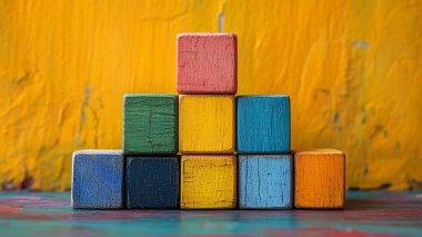 Masanın üzerinde tahta yapı taşları var.