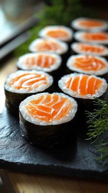 Somon ve havyarlı suşi ruloları.