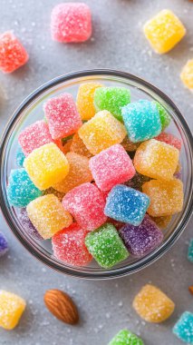 Tahta bir masadaki tabakta çok renkli şekerler.