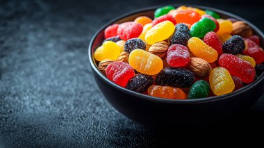 Siyah arkaplanda bir kase karışık şeker