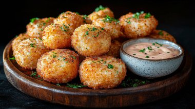 Siyah tabakta soslu kızarmış tavuk nugget.