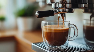 espresso coffee machine pouring into coffee cup on table in cafe