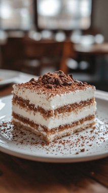 Tahta masada bir parça çikolatalı ramramisu tatlısı. Geleneksel İtalyan tatlısı.