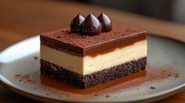 Bir parça çikolatalı pasta, kremalı ve çikolatalı.