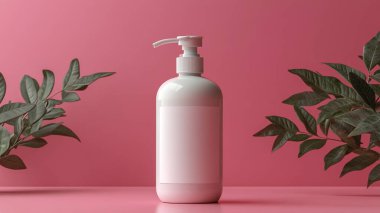 Kozmetik şişesi ve pembe arka planda palmiye yaprakları. modelle, 3D görüntüleme.