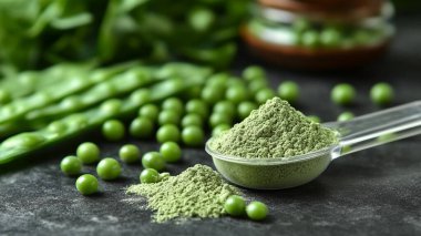 yeşil spirulina tozu ve üzerinde süper yiyecek olan haplar.