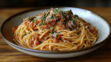 delicious spaghetti with meat, tomato sauce and parmesan cheese on plate, closeup