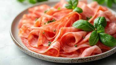 Tabakta taze dilimlenmiş prosciutto.