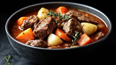 Ev yapımı et yahnisi, sebzeli, et ve patates, dökme demir tavada.