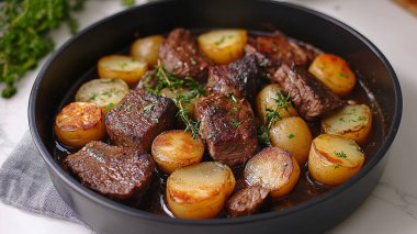 Maydanozlu tavada kızarmış patates ve et.