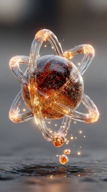 Siyah arkaplan parlayan parçacıkları olan bir atom modelinin 3 boyutlu canlandırması, soyut arkaplan. yüksek kaliteli resimleme