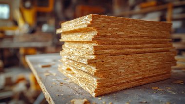 Ahşap tahtalar depoda üst üste dizilmiş..