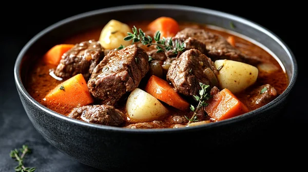 Ev yapımı et yahnisi, sebzeli, et ve patates, dökme demir tavada.