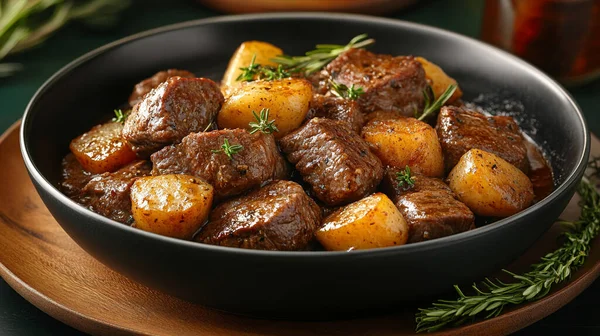 Kızarmış et ve patates, yakın çekim.