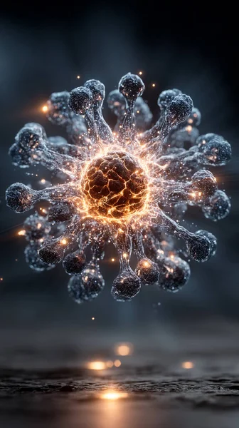 Karanlık bir arkaplanda bir atomun dijital çizimi. soyut 3d oluşturma