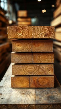 Depodaki karanlık bir arka planda ahşap kalaslar. Kapatın.