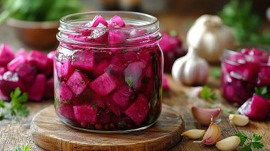Lezzetli pancar kökü ve salamura soğanlı cam kavanozlar.