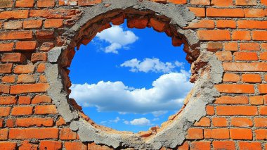 Kırmızı tuğlalı ve mavi gökyüzlü tuğla duvar