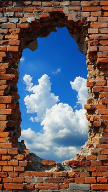 Mavi gökyüzü olan eski pencere