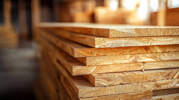 wooden board with stacked wood planks in workshop
