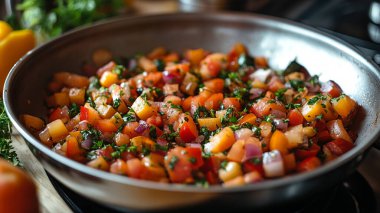 Domatesli, maydanozlu ve sarımsaklı patates kızartması.