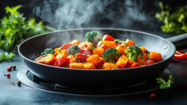 Tavada kızarmış tavuk ve sebze..